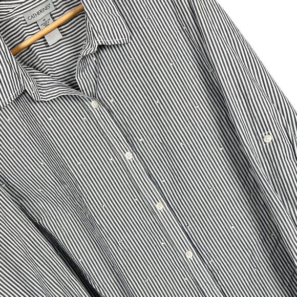 CATHERINES Women's 1X Blue Striped Bling Rhinestone Resort Roll Tab Button Shirt - Picture 1 of 8
